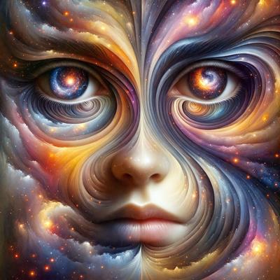 The primary subject of the image is a close-up of a person's face, with a focus on their eyes. The setting is a vibrant and colorful background, featuring a mix of bright colors and swirling patterns. The visual style is a combination of digital art and illustration, creating a unique and artistic representation of the person's face. The colors and mood of the image are lively and energetic, with a sense of depth and complexity in the composition.